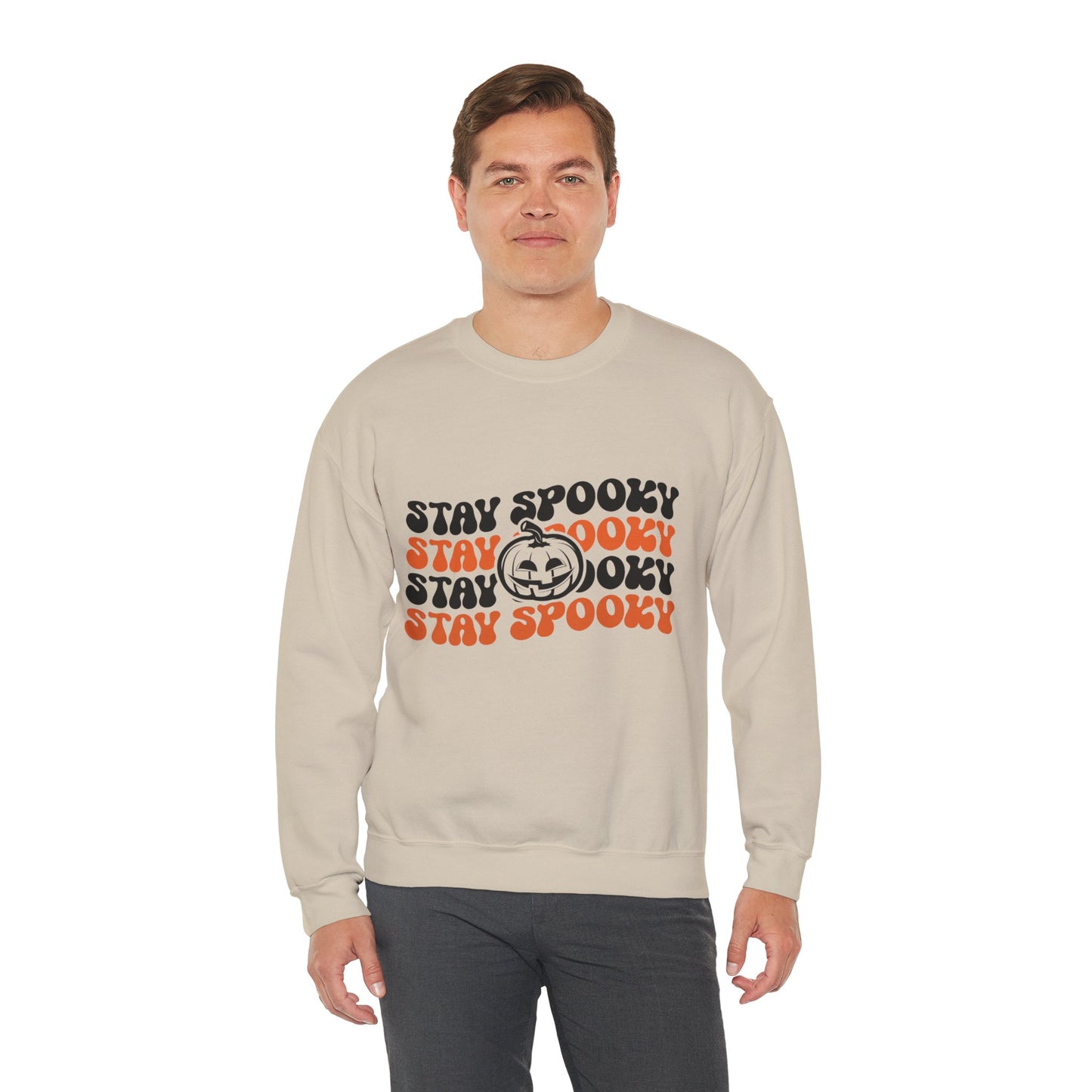Model wearing the Stay Spooky Retro Halloween Sweatshirt featuring a vintage 70s-inspired spooky season graphic.