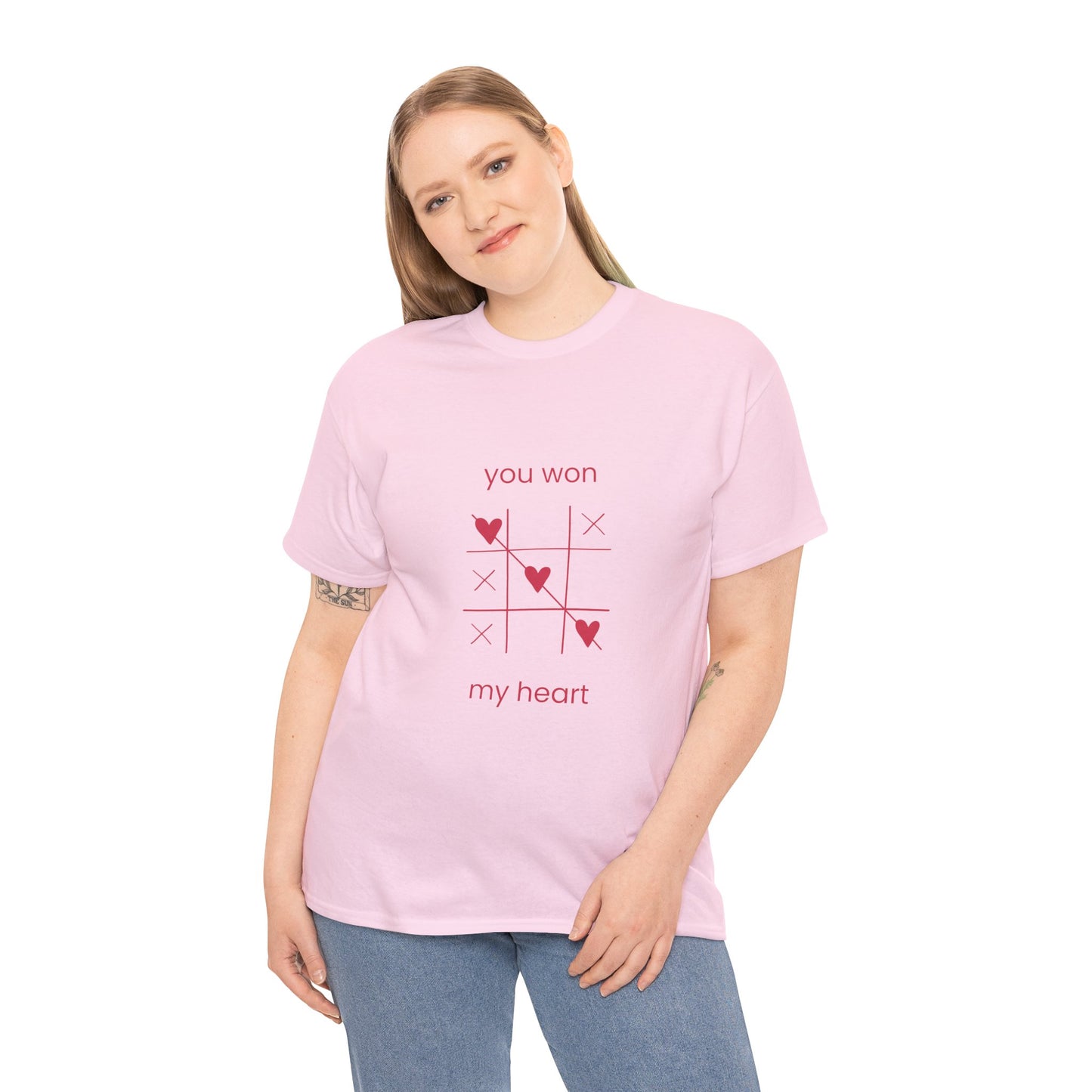 Cute pink Valentine’s Day shirt with “You Won My Heart” tic tac toe graphic, romantic love gift perfect for girlfriends, wives, or couples.