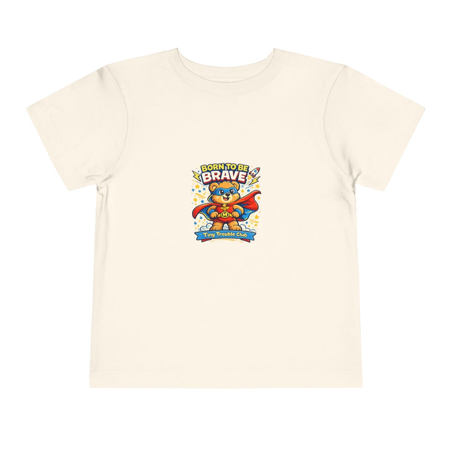 Brave bear kids shirt from the Tiny Trouble Club featuring a superhero teddy — confidence-building graphic tee for toddlers and children.
