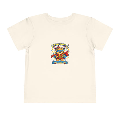 Brave bear kids shirt from the Tiny Trouble Club featuring a superhero teddy — confidence-building graphic tee for toddlers and children.