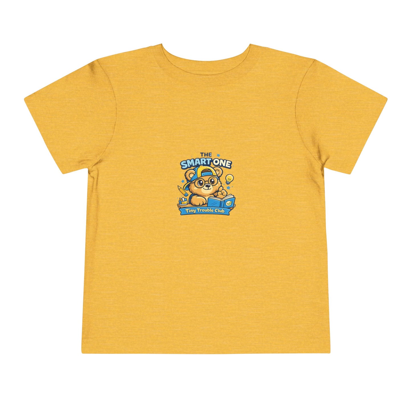 Cute smart bear kids shirt featuring Milo from the Tiny Trouble Club reading a book — educational graphic tee for toddlers and children.
