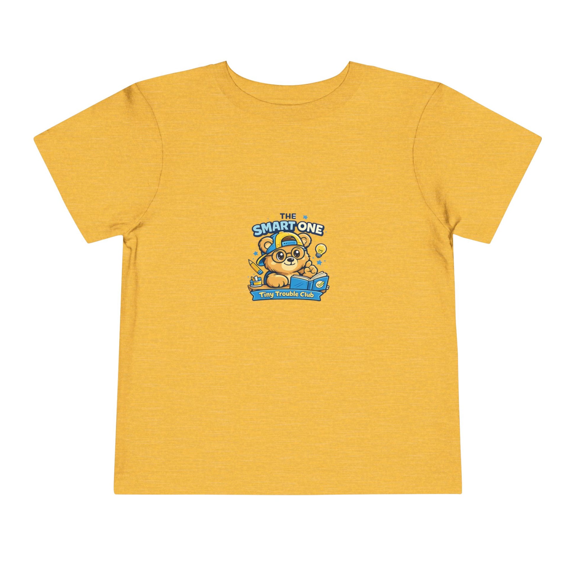 Cute smart bear kids shirt featuring Milo from the Tiny Trouble Club reading a book — educational graphic tee for toddlers and children.