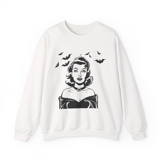 Vintage Halloween woman sweatshirt featuring a retro portrait with flying bats, perfect for spooky season, pumpkin patches, Halloween parties, and fall fashion.