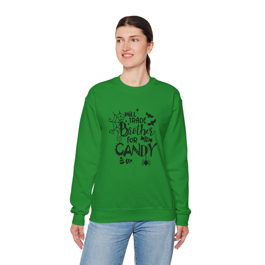 Funny "Will Trade Brother for Candy" Halloween sweatshirt featuring a playful sibling joke, perfect for trick-or-treating, Halloween parties, pumpkin patches, and fall festivals.