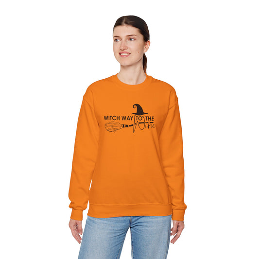 Witch Way to the Wine funny Halloween sweatshirt for wine lovers featuring a playful witch and wine design, perfect for spooky season and fall parties.